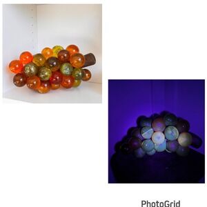 Vintage MCM Lucite Resin Grapes on Driftwood Amber Orange Large Cluster Glows